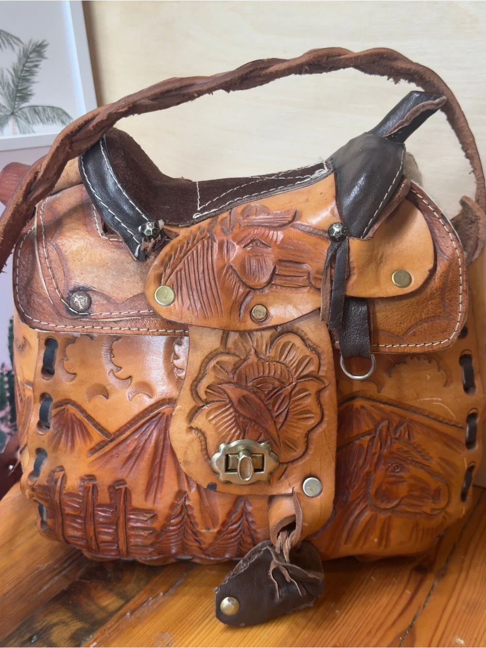Vintage Handcrafted Tooled Leather Saddle Bag - Brown